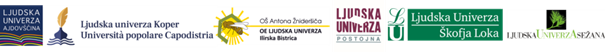 Logotipi partnerjev v projektu. Od leve proti desni: Ljudska univerza Ajdovščina, Ljudska univerza Koper, Ljudska univerza Ilirska Bistrica, Ljudska univerza postojna, Ljudska univerza Škofje loka in Ljudska univerza Sežana