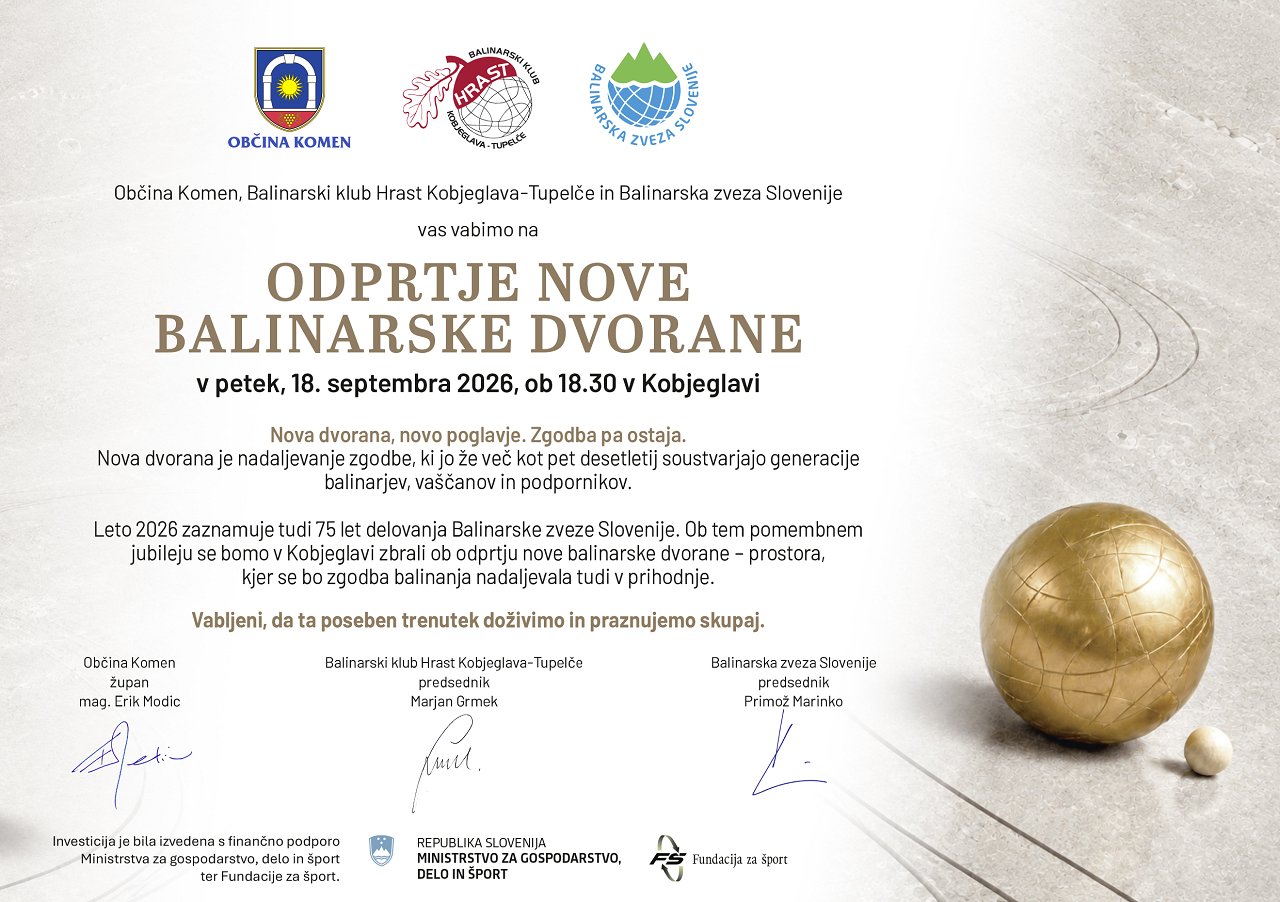 Vabilo na odprtje nove balinarske dvorane v Kobjeglavi